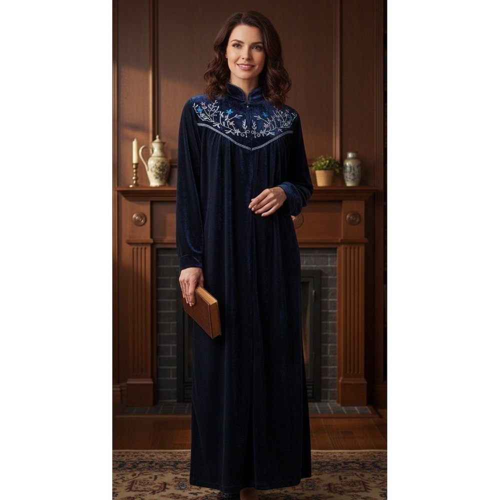 Vtg Sante Womens Loungewear Blue Velvet Embroidered Maxi Regencycore‎ Sz Medium